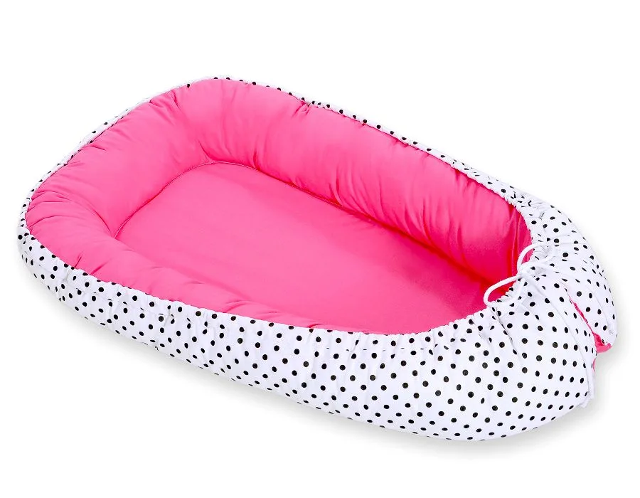 Dvipusis kūdikių kokonas „Premium Cocoon“ naujagimiams „BOBONO“, taškeliai, spalvos: pilka, rožinė ir ruda