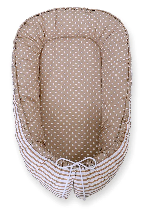 Dvipusis kūdikių kokonas „Premium Cocoon“ naujagimiams „BOBONO“, taškeliai, spalvos: pilka, rožinė ir ruda