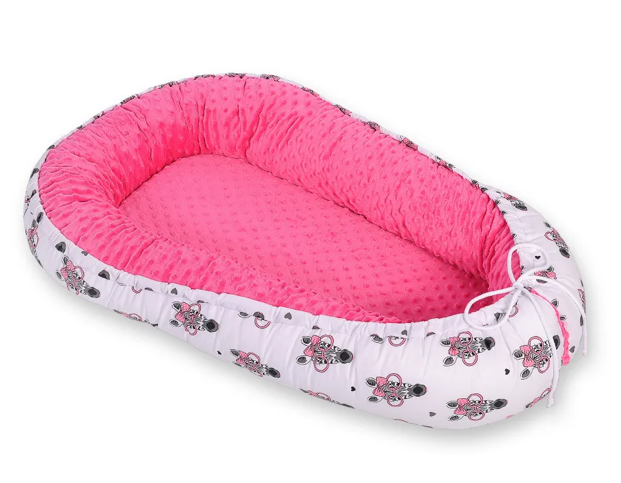 Dvipusis kūdikių kokonas „Premium Cocoon“ naujagimiams „BOBONO“ iš „minky“, spalvos: rožinė ir kitos