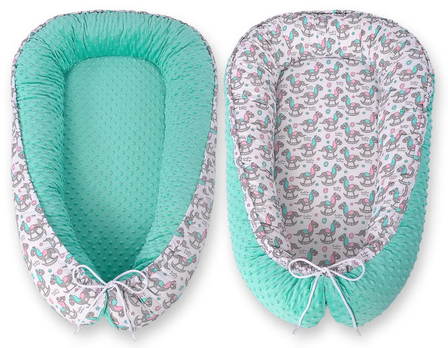 Dvipusis kūdikių kokonas „Premium Cocoon“ naujagimiams „BOBONO“ iš „minky“, spalvos: rožinė ir kitos