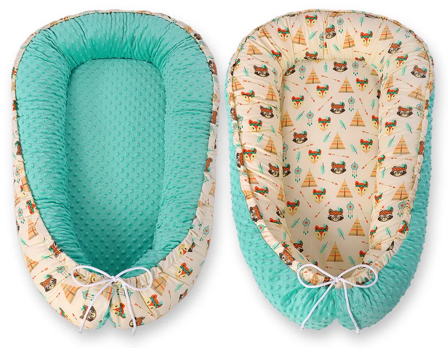 Dvipusis kūdikių kokonas „Premium Cocoon“ naujagimiams „BOBONO“ iš „minky“, spalvos: rožinė ir kitos
