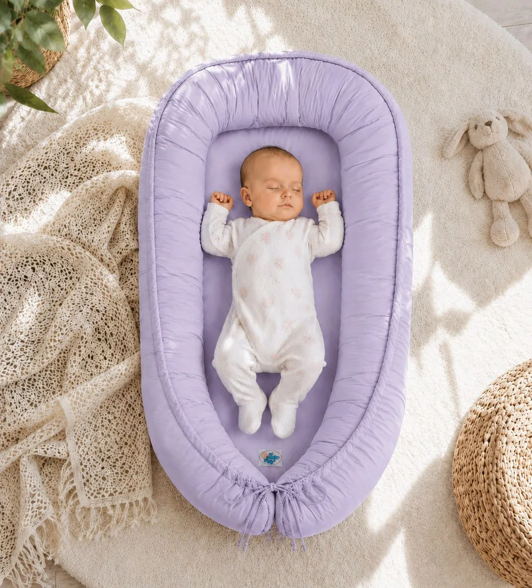 Dvipusis kūdikių kokonas „Premium Cocoon“ naujagimiams „MY SWEET BABY“, spalvos: rožinė, smėlio ir violetinė