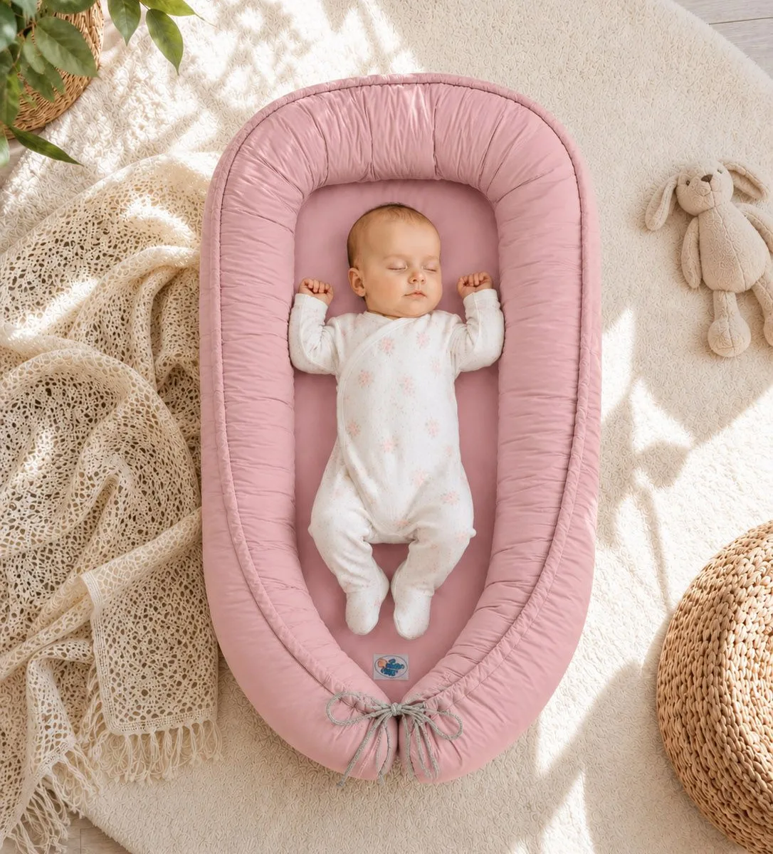 Dvipusis kūdikių kokonas „Premium Cocoon“ naujagimiams „MY SWEET BABY“, spalvos: rožinė, smėlio ir violetinė