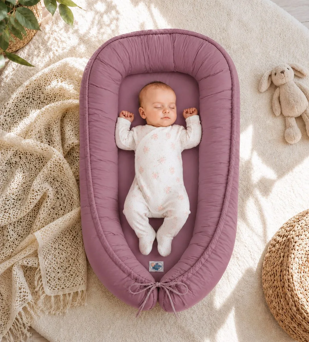 Dvipusis kūdikių kokonas „Premium Cocoon“ naujagimiams „MY SWEET BABY“, spalvos: rožinė, smėlio ir violetinė