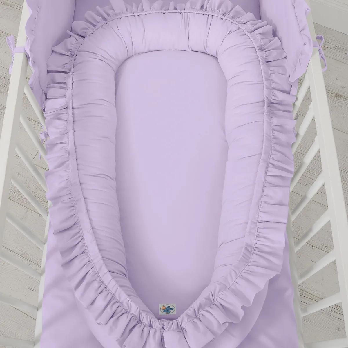 Kūdikių kokonas „Premium Cocoon“ naujagimiams su volanu „MY SWEET BABY“, spalvos: violetinė ir žalia