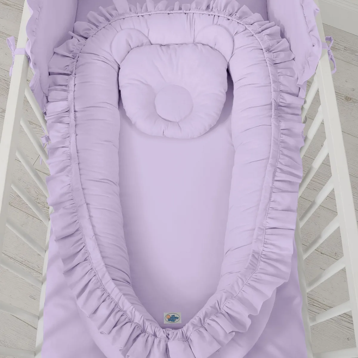 Kūdikių kokonas „Premium Cocoon“ naujagimiams su volanu „MY SWEET BABY“, spalvos: violetinė ir žalia