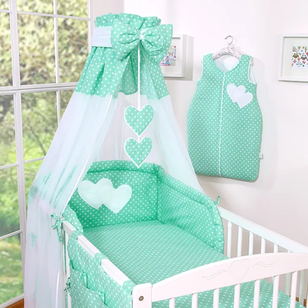 Patalynės komplektas, 5 dalys, 120x90, „Hanging Hearts“, balti taškeliai ant mėtinio fono