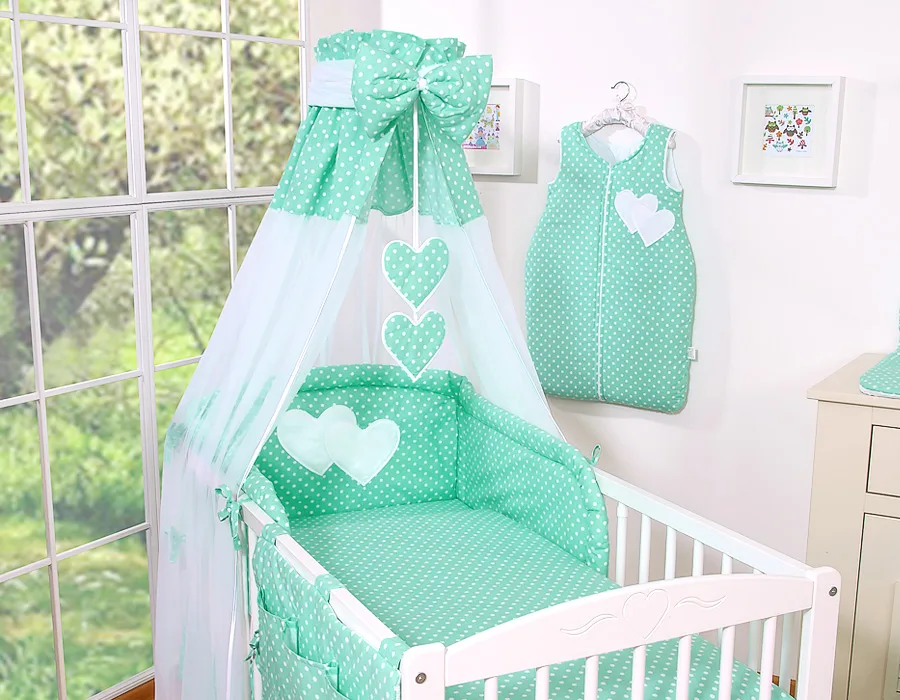 Patalynės komplektas, 5 dalys, 120x90, „Hanging Hearts“, balti taškeliai ant mėtinio fono