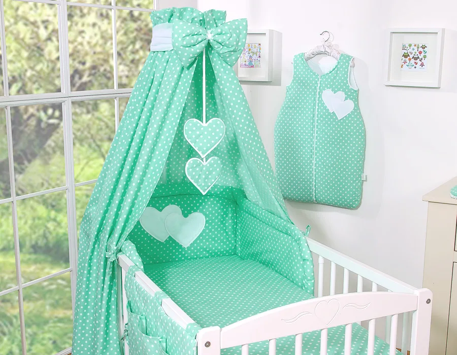 Patalynės komplektas, 5 dalys, 120x90, „Hanging Hearts“, balti taškeliai ant mėtinio fono
