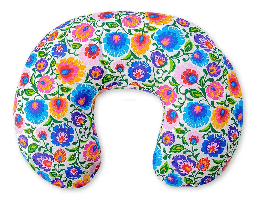 Maitinimo pagalvė „Croissant“ su nuimamu užvalkalu, laisvos rankos maitinant, gėlės, spalvos: rožinė ir kitos
