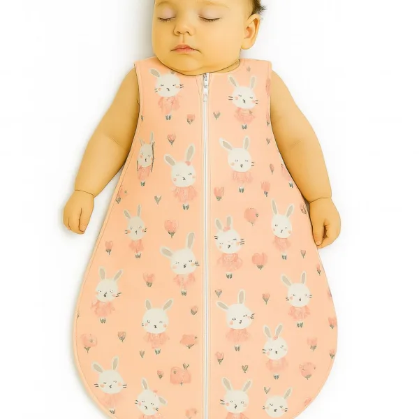 Medvilninis kūdikių miegmaišis, S, 0–6 mėn., vasarai, TOG 1.0, spalvos: mėlyna, pilka ir kitos - Zuikutės balerinos, rožinė