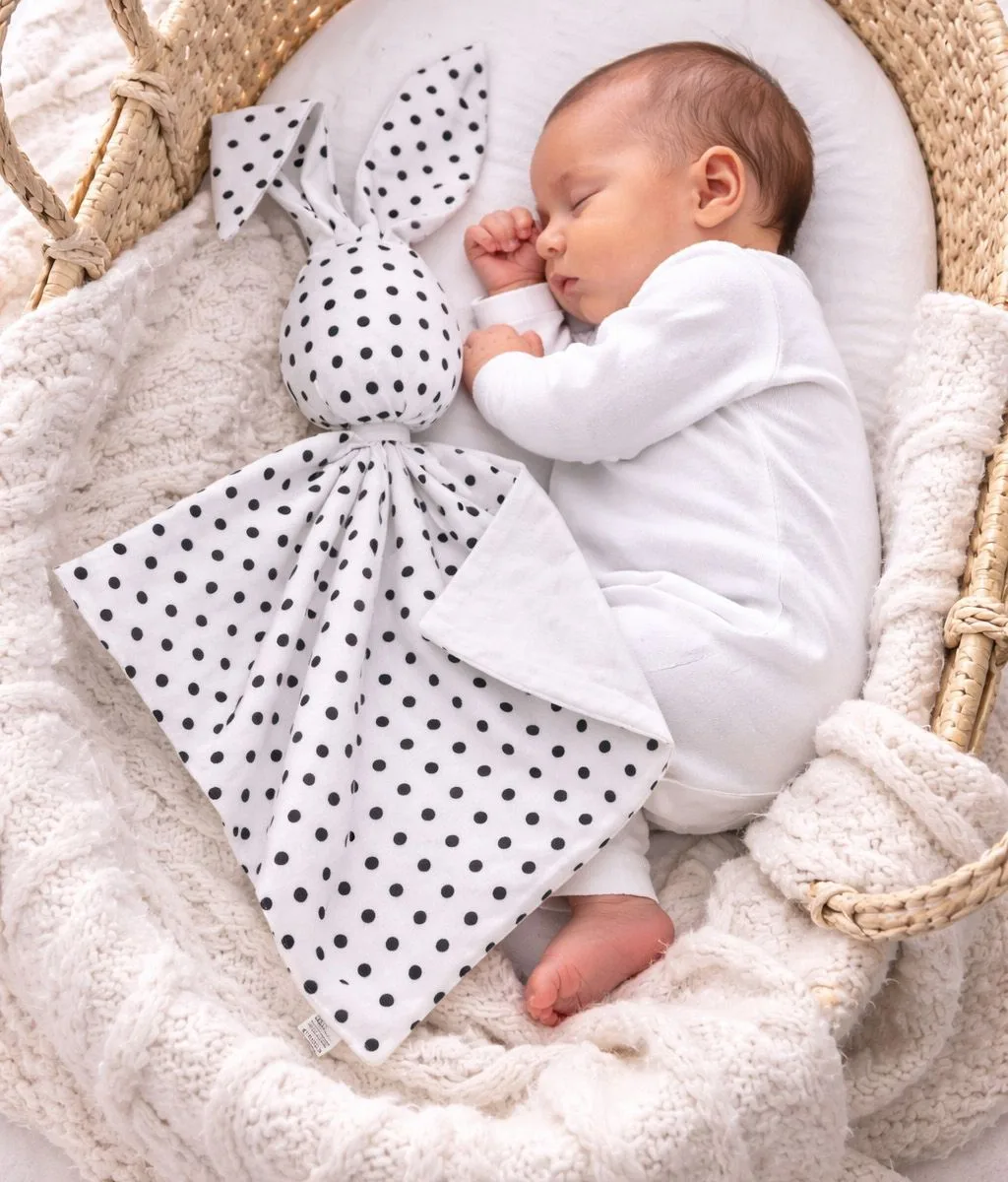 Migdukas zuikutis „DOUDOU“, dvipusis, medvilnė ir „minky“, juodi taškeliai, spalva: balta