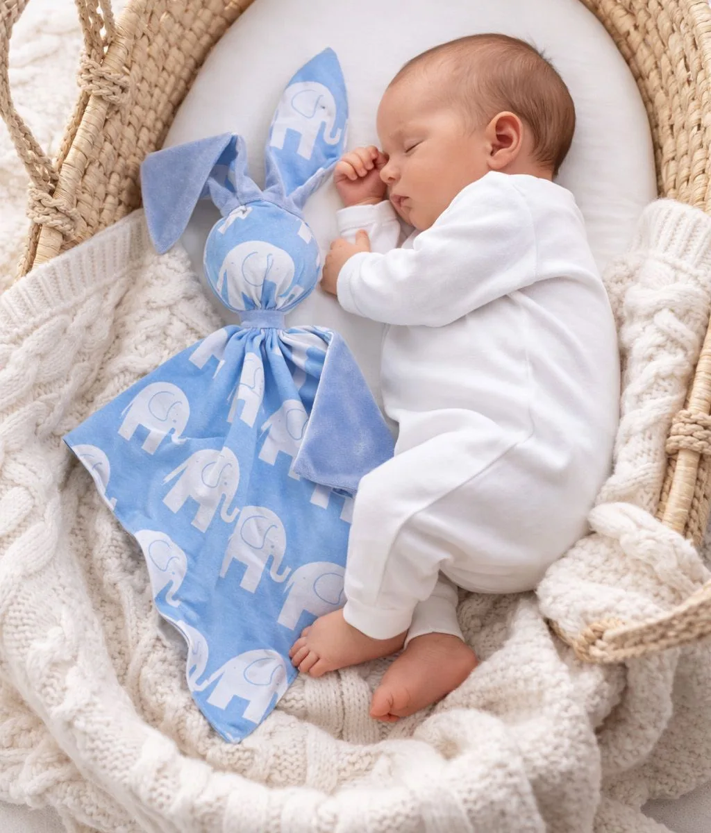 Migdukas zuikutis „DOUDOU“, dvipusis, medvilnė ir „minky“, mėlyni drambliukai