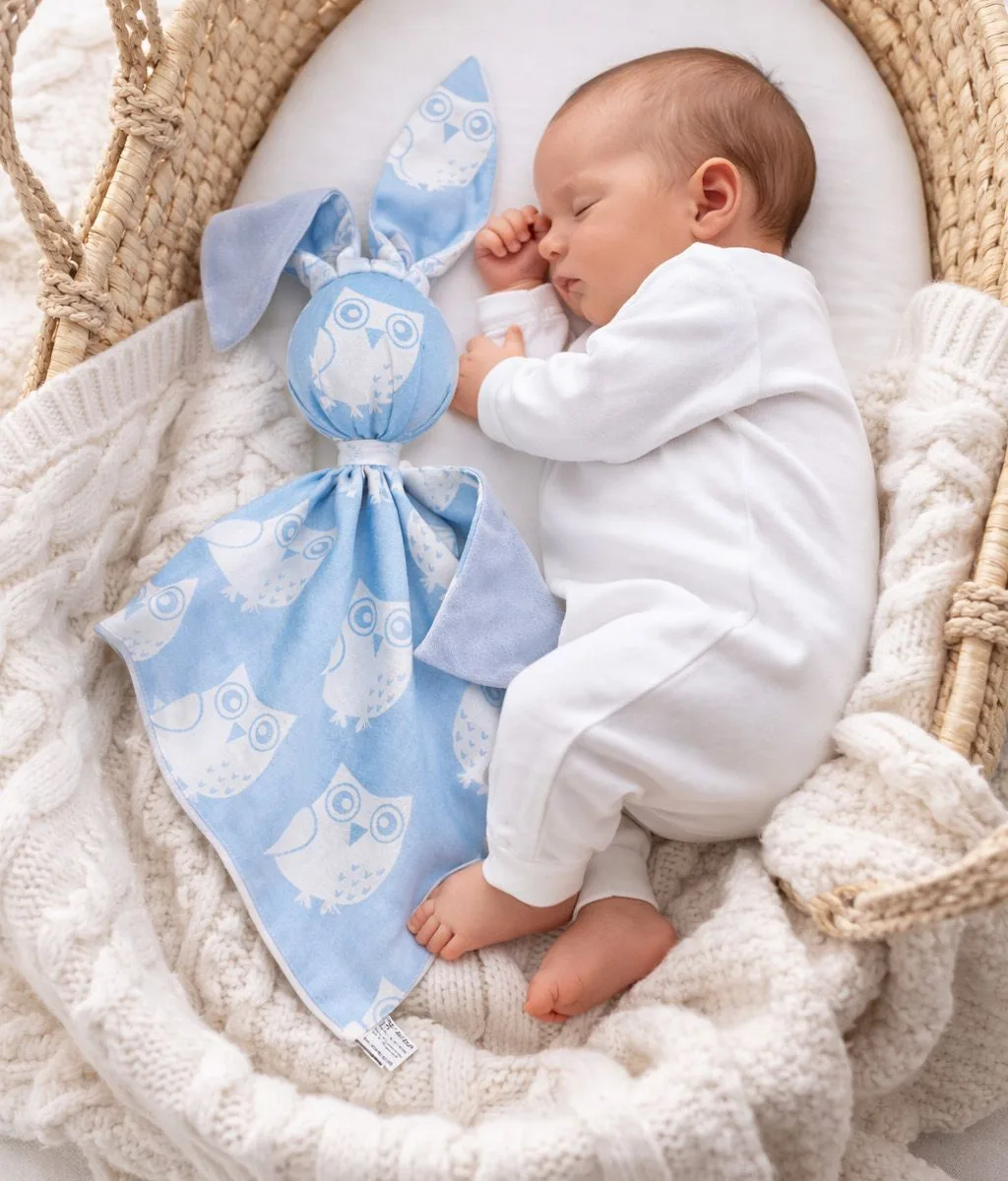 Migdukas zuikutis „DOUDOU“, dvipusis, medvilnė ir „minky“, mėlynos pelėdos