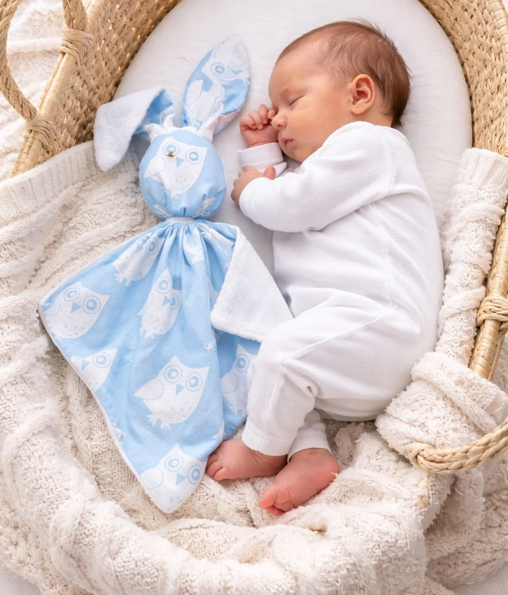 Migdukas zuikutis „DOUDOU“, dvipusis, medvilnė ir „minky“, mėlynos pelėdos