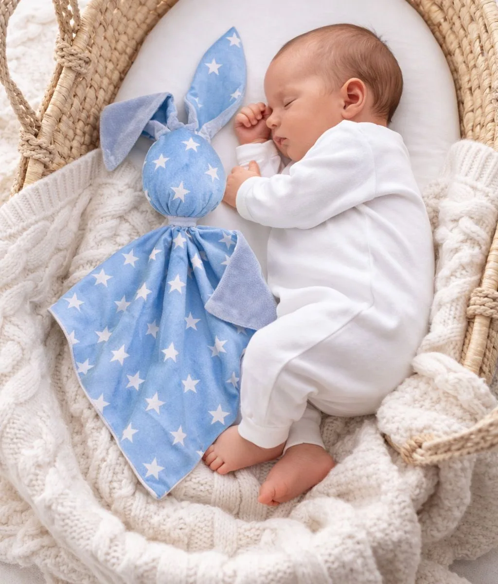 Migdukas zuikutis „DOUDOU“, dvipusis, medvilnė ir „minky“, mėlynos žvaigždutės