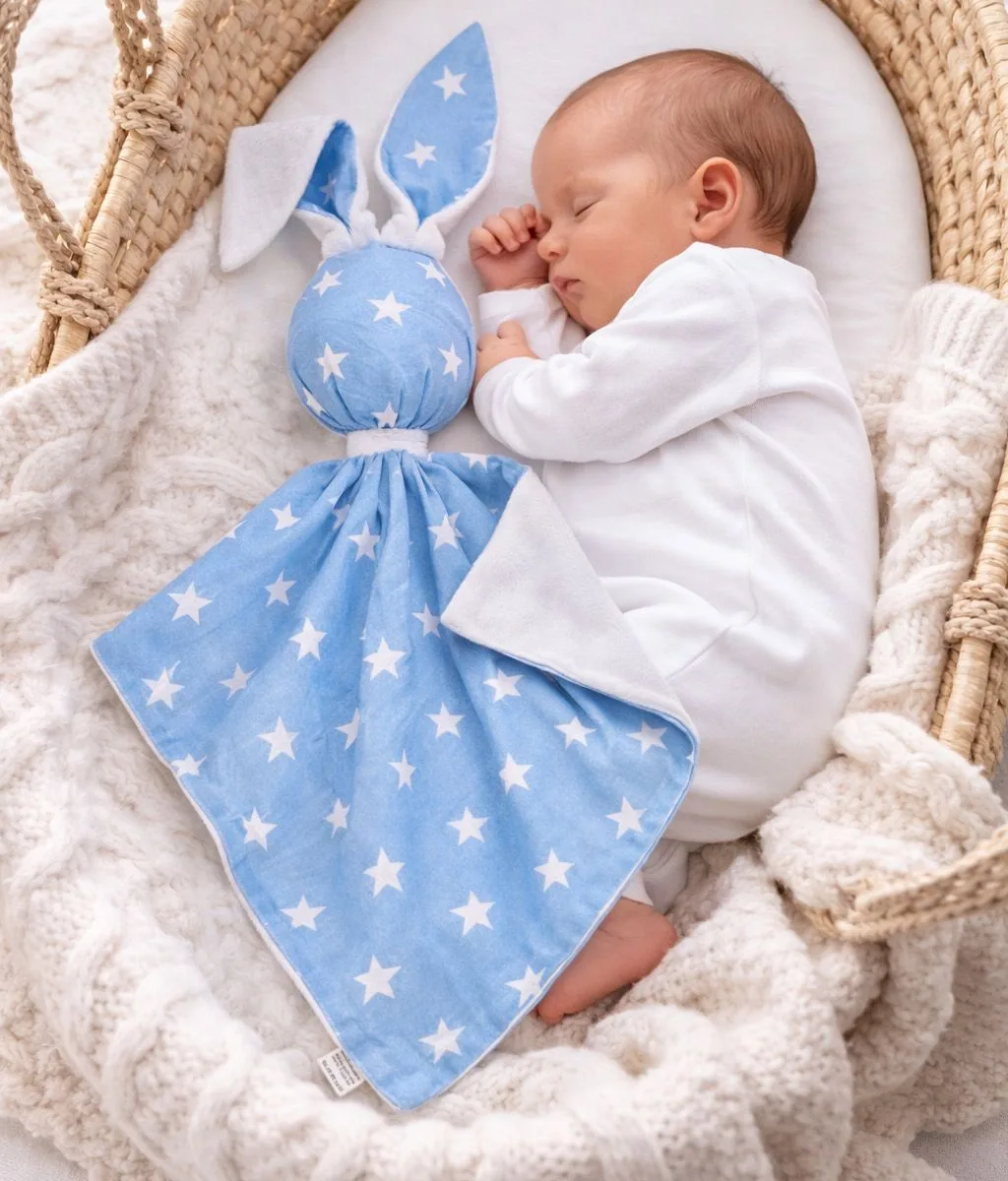 Migdukas zuikutis „DOUDOU“, dvipusis, medvilnė ir „minky“, mėlynos žvaigždutės