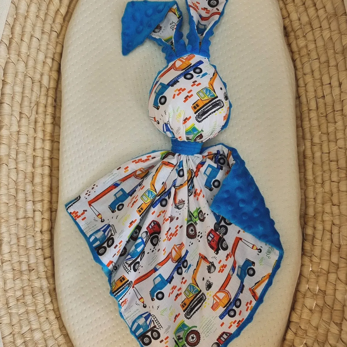 Migdukas zuikutis „DOUDOU“, dvipusis, medvilnė ir „minky“, statybvietė, spalva: mėlyna