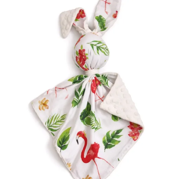 Migdukas zuikutis „DOUDOU“, dvipusis, medvilnė ir „minky“, koraliniai flamingai, spalva: ekru