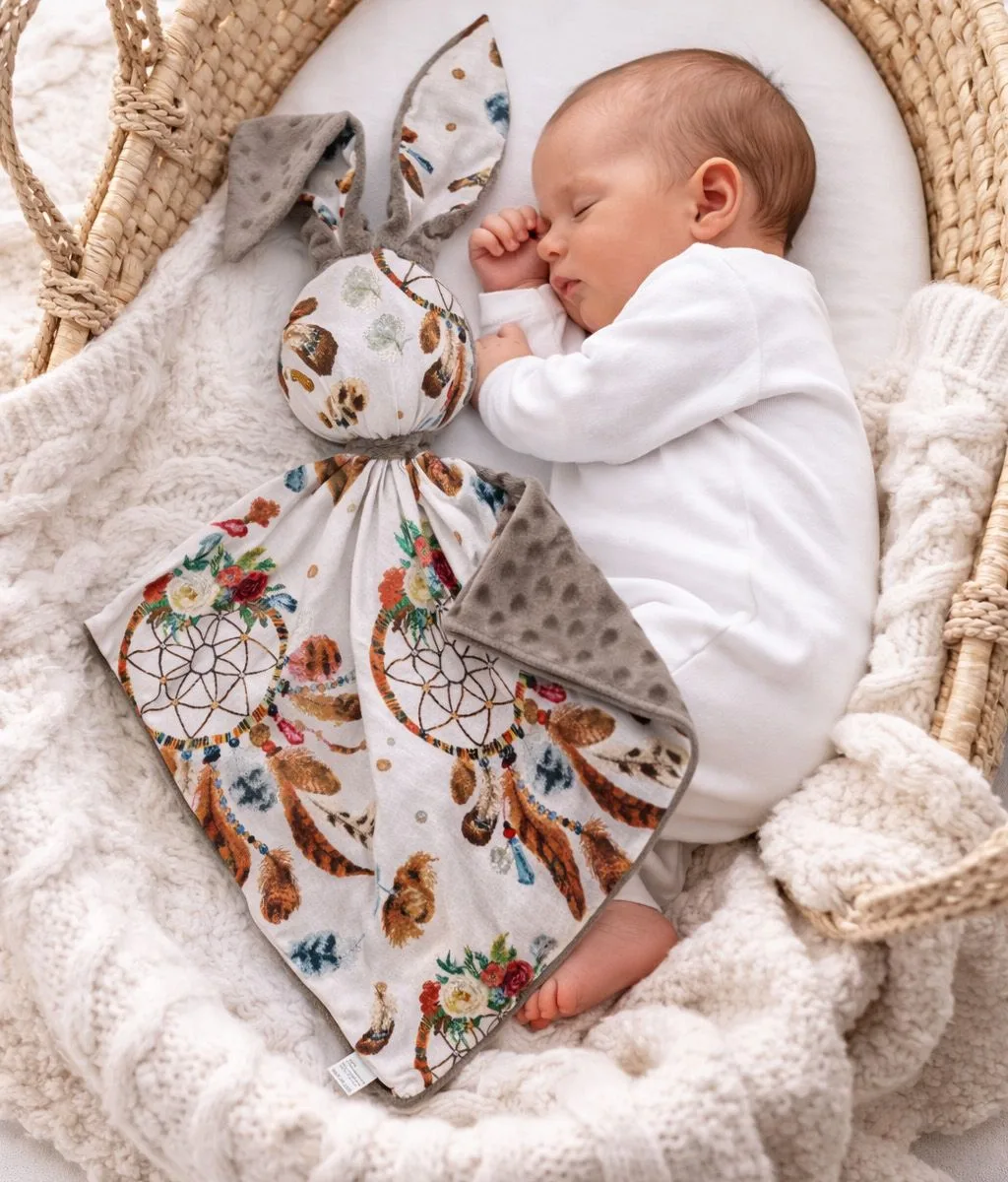 Migdukas zuikutis „DOUDOU“, dvipusis, medvilnė ir „minky“, sapnų gaudyklės, spalva: ruda