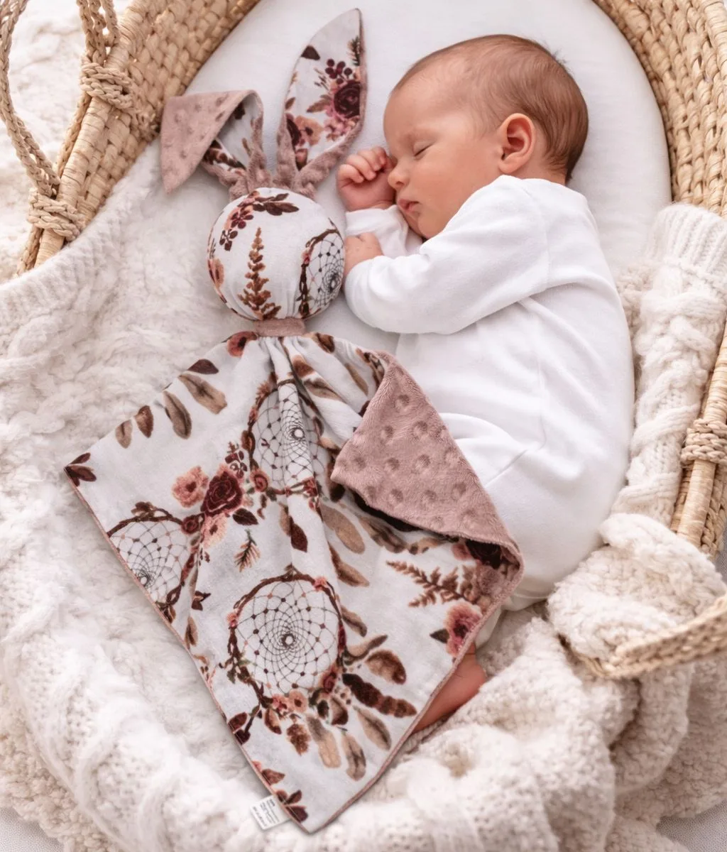 Migdukas zuikutis „DOUDOU“, dvipusis, medvilnė ir „minky“, gėlėtos sapnų gaudyklės, spalva: pelenų rožė