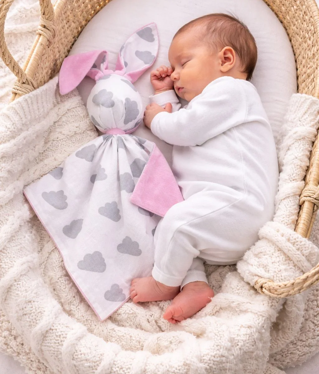 Migdukas zuikutis „DOUDOU“, dvipusis, medvilnė ir „minky“, pilki debesėliai
