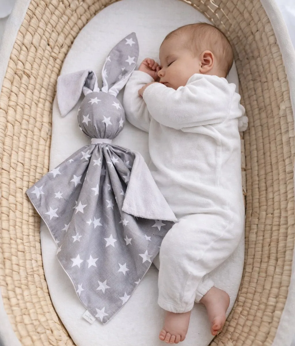 Migdukas zuikutis „DOUDOU“, dvipusis, medvilnė ir „minky“, pilkos žvaigždutės
