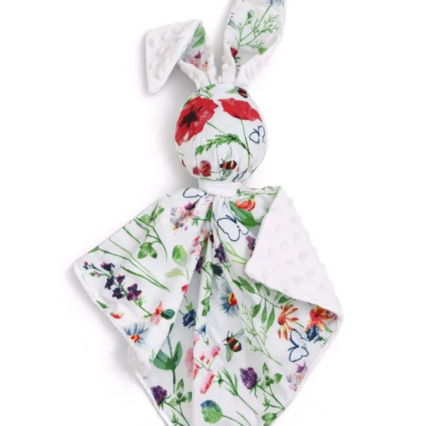 Migdukas zuikutis „DOUDOU“, dvipusis, medvilnė ir „minky“, pieva, spalva: balta