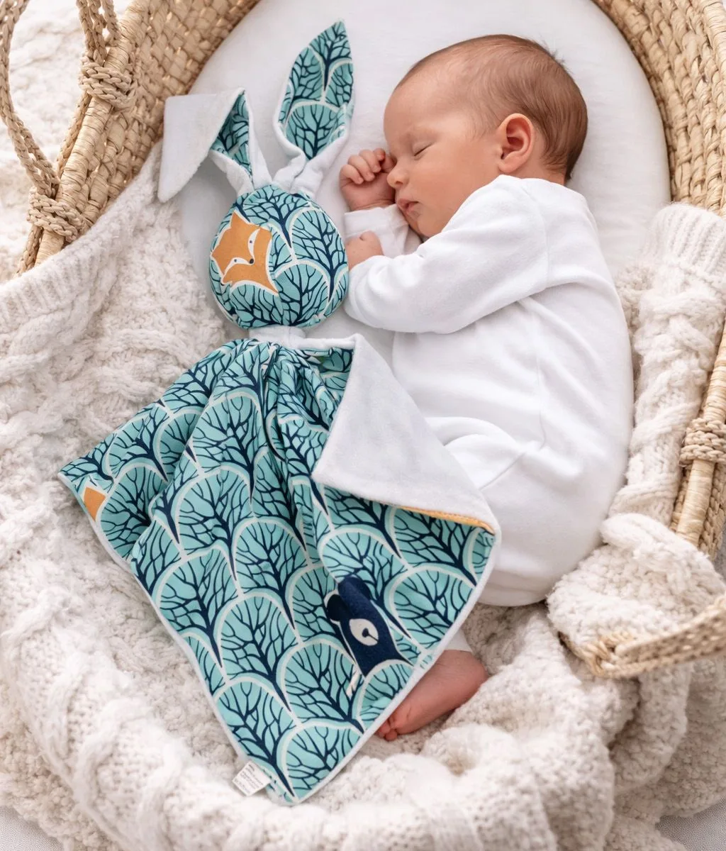 Migdukas zuikutis „DOUDOU“, dvipusis, medvilnė ir „minky“, mėtinis miškas