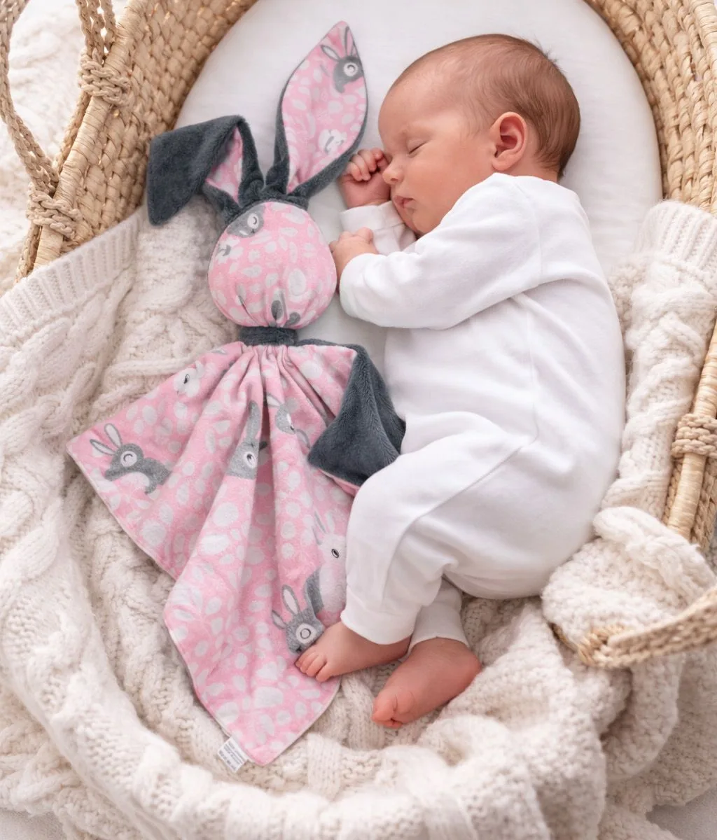 Migdukas zuikutis „DOUDOU“, dvipusis, medvilnė ir „minky“, rožiniai zuikučiai
