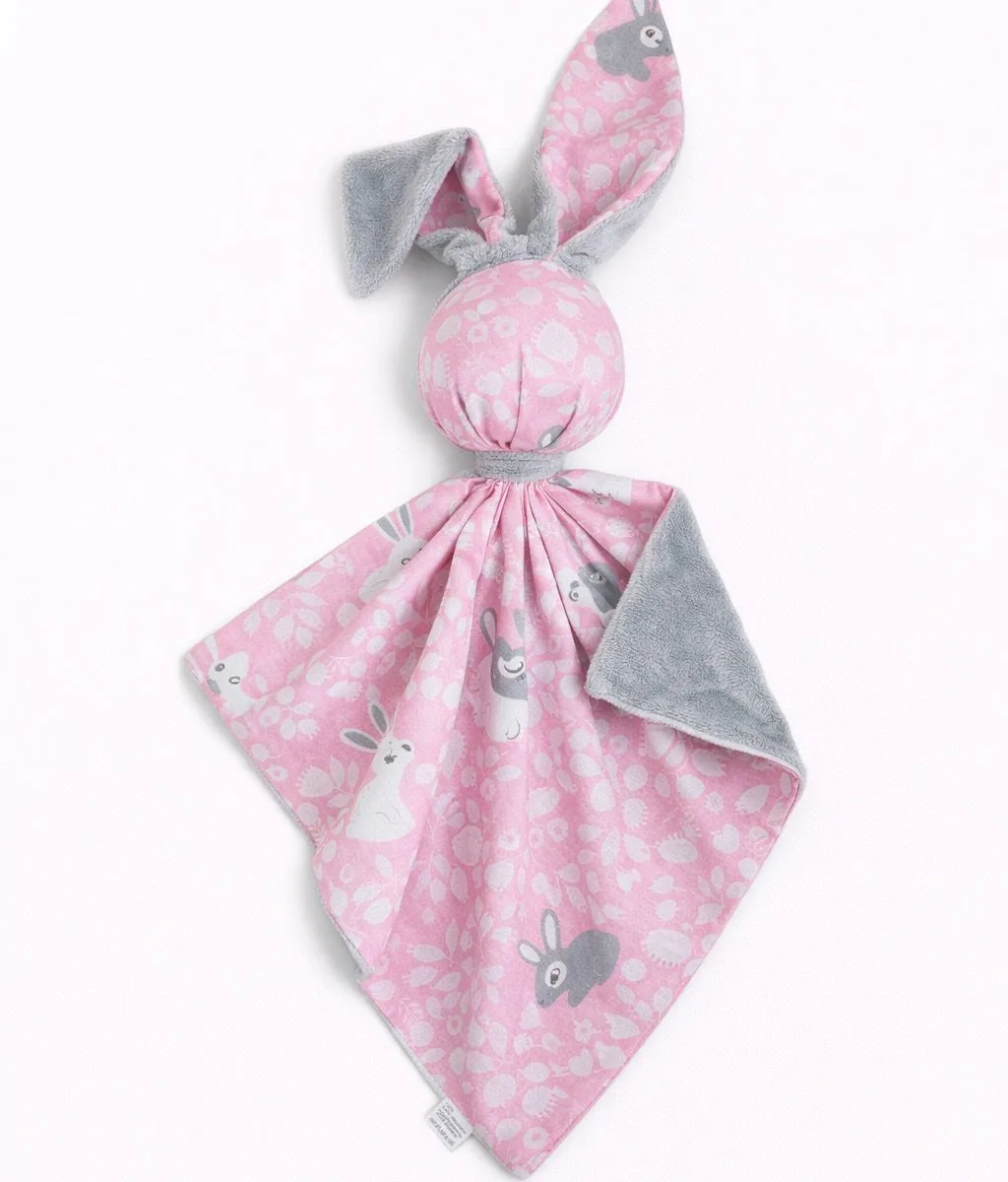 Migdukas zuikutis „DOUDOU“, dvipusis, medvilnė ir „minky“, rožiniai zuikučiai