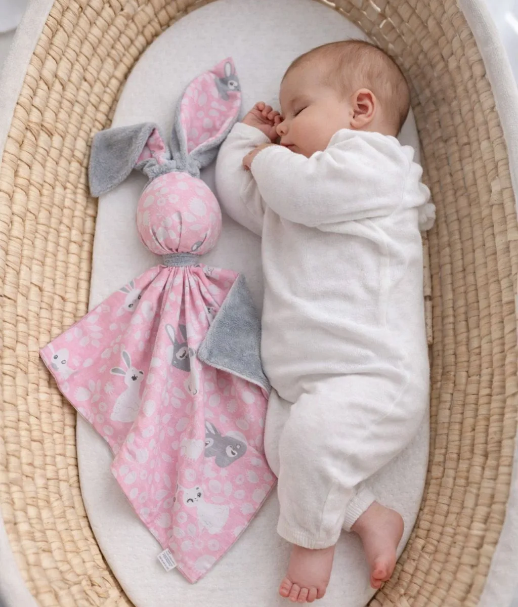 Migdukas zuikutis „DOUDOU“, dvipusis, medvilnė ir „minky“, rožiniai zuikučiai