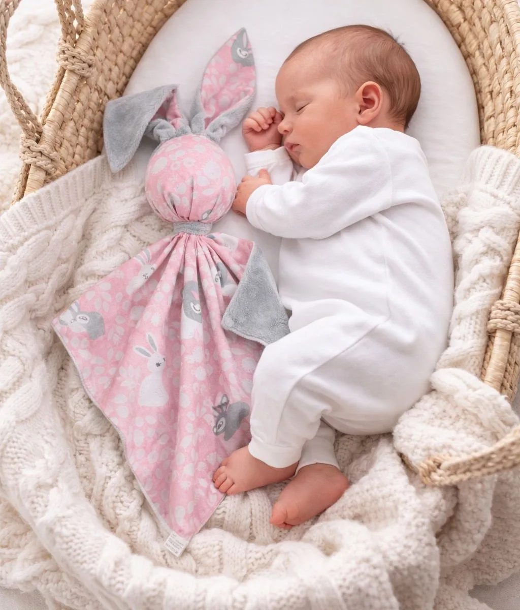 Migdukas zuikutis „DOUDOU“, dvipusis, medvilnė ir „minky“, rožiniai zuikučiai