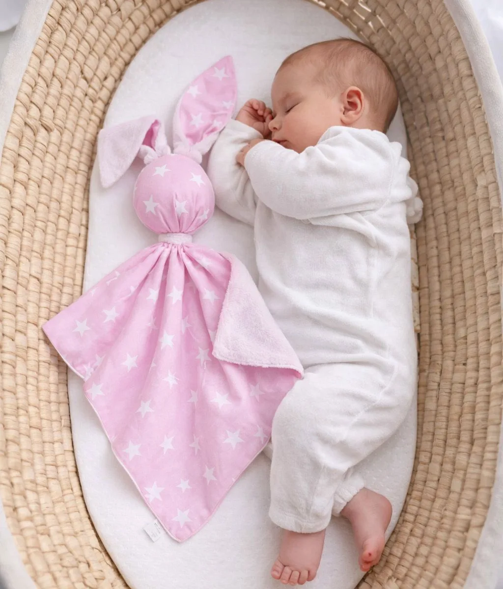 Migdukas zuikutis „DOUDOU“, dvipusis, medvilnė ir „minky“, rožinės žvaigždutės, spalva: balta