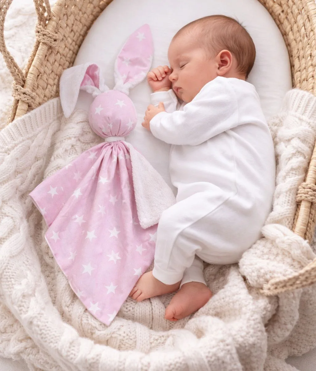 Migdukas zuikutis „DOUDOU“, dvipusis, medvilnė ir „minky“, rožinės žvaigždutės, spalva: balta