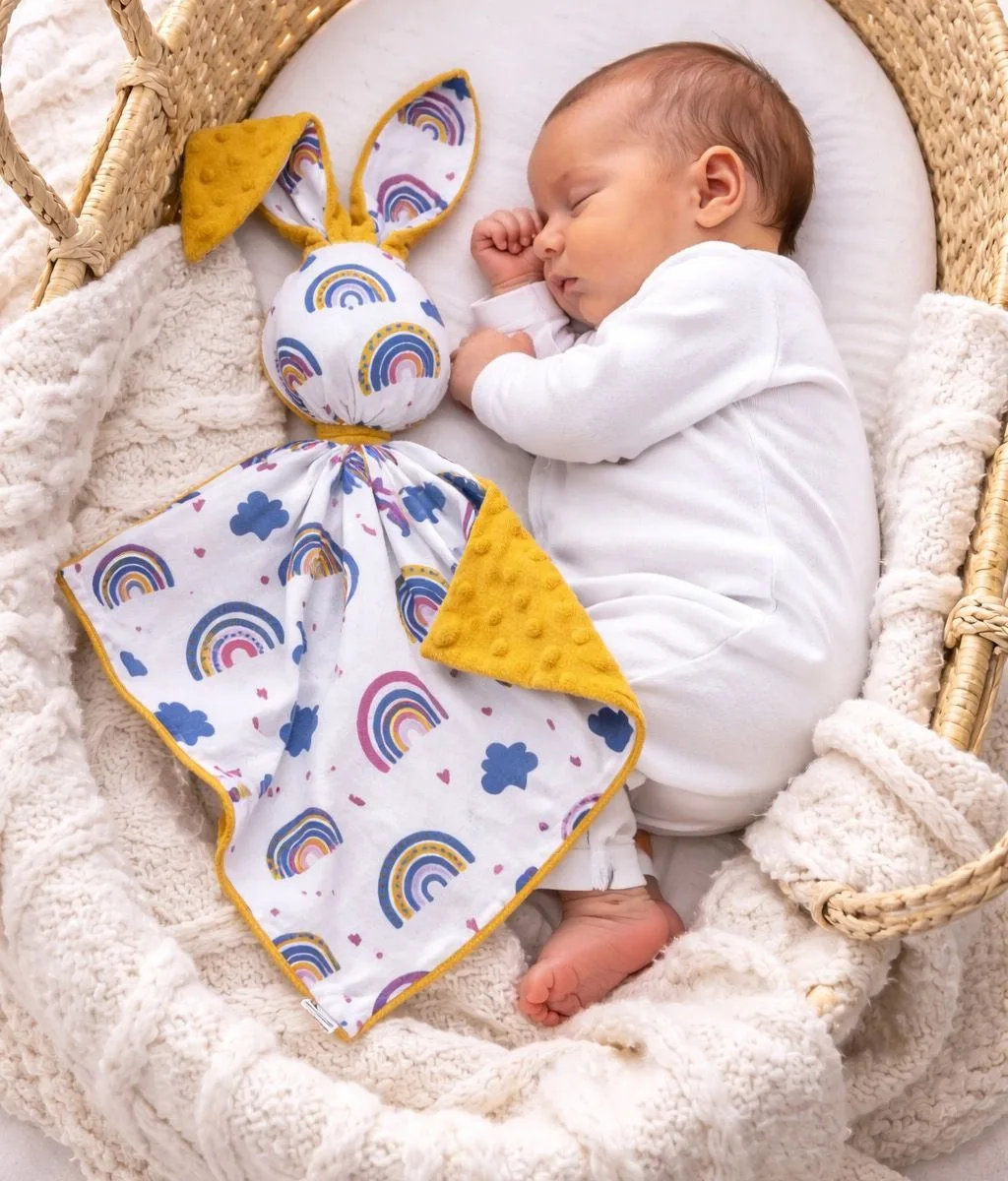 Migdukas zuikutis „DOUDOU“, dvipusis, medvilnė ir „minky“, vaivorykštė, spalva: medaus geltona