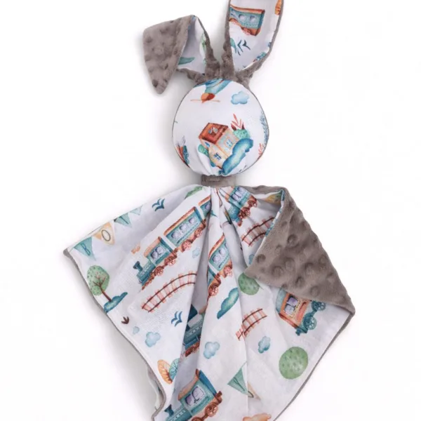 Migdukas zuikutis „DOUDOU“, dvipusis, medvilnė ir „minky“, turkio spalvos traukinukas, spalva: pilka