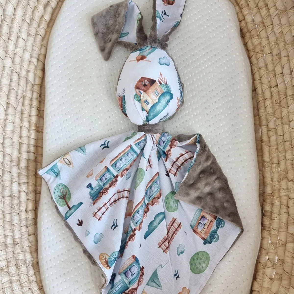 Migdukas zuikutis „DOUDOU“, dvipusis, medvilnė ir „minky“, turkio spalvos traukinukas, spalva: pilka