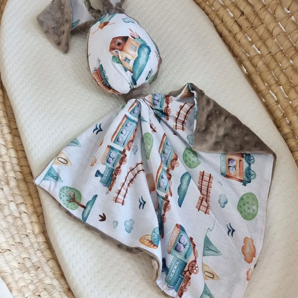 Migdukas zuikutis „DOUDOU“, dvipusis, medvilnė ir „minky“, turkio spalvos traukinukas, spalva: pilka