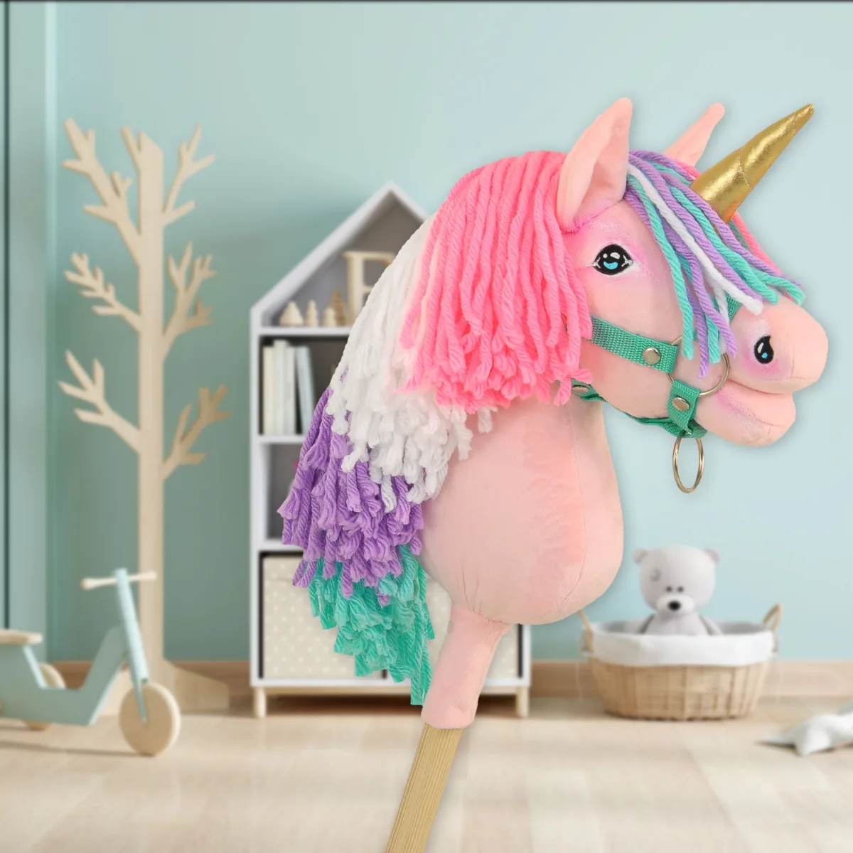 Vienaragis ant lazdos „Hobby Horse“, spalvos: geltona, pilka ir rožinė