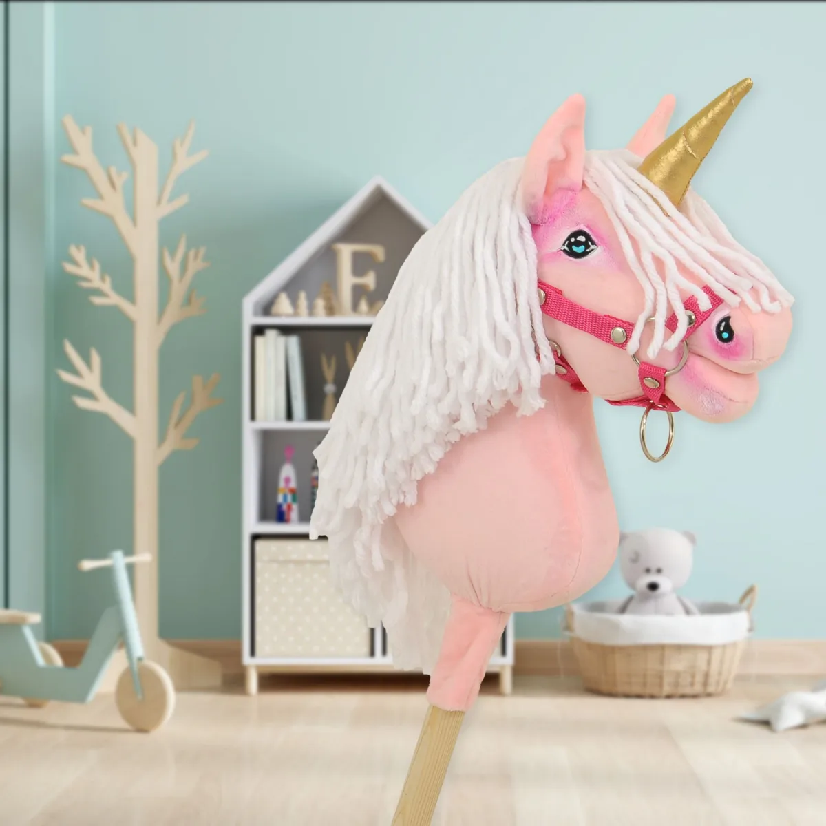 Vienaragis ant lazdos „Hobby Horse“, spalvos: geltona, pilka ir rožinė