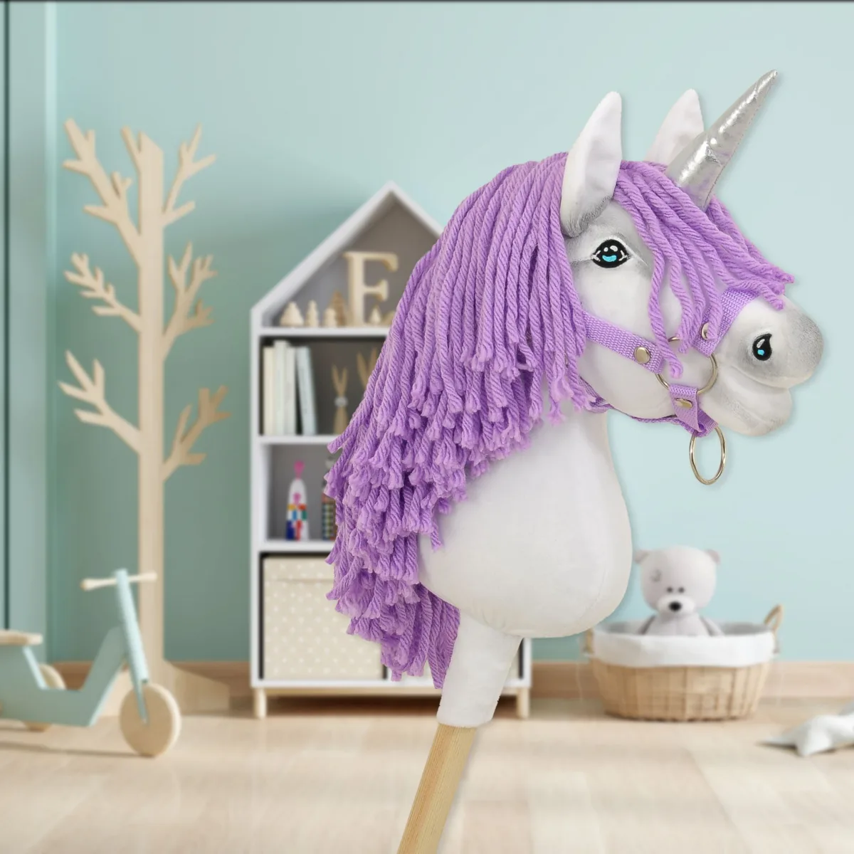 Vienaragis ant lazdos „Hobby Horse“, spalvos: geltona, pilka ir rožinė