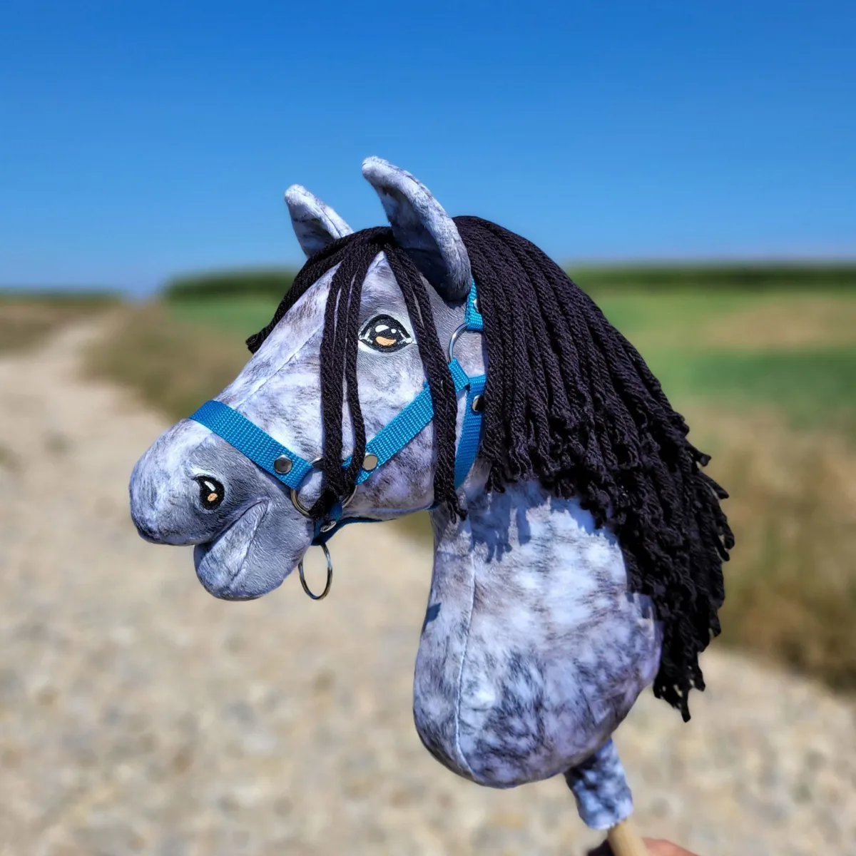 Žirgas ant lazdos „Super Hobby Horse Premium“, obuoliuotas širmas žirgas su juodais karčiais A3