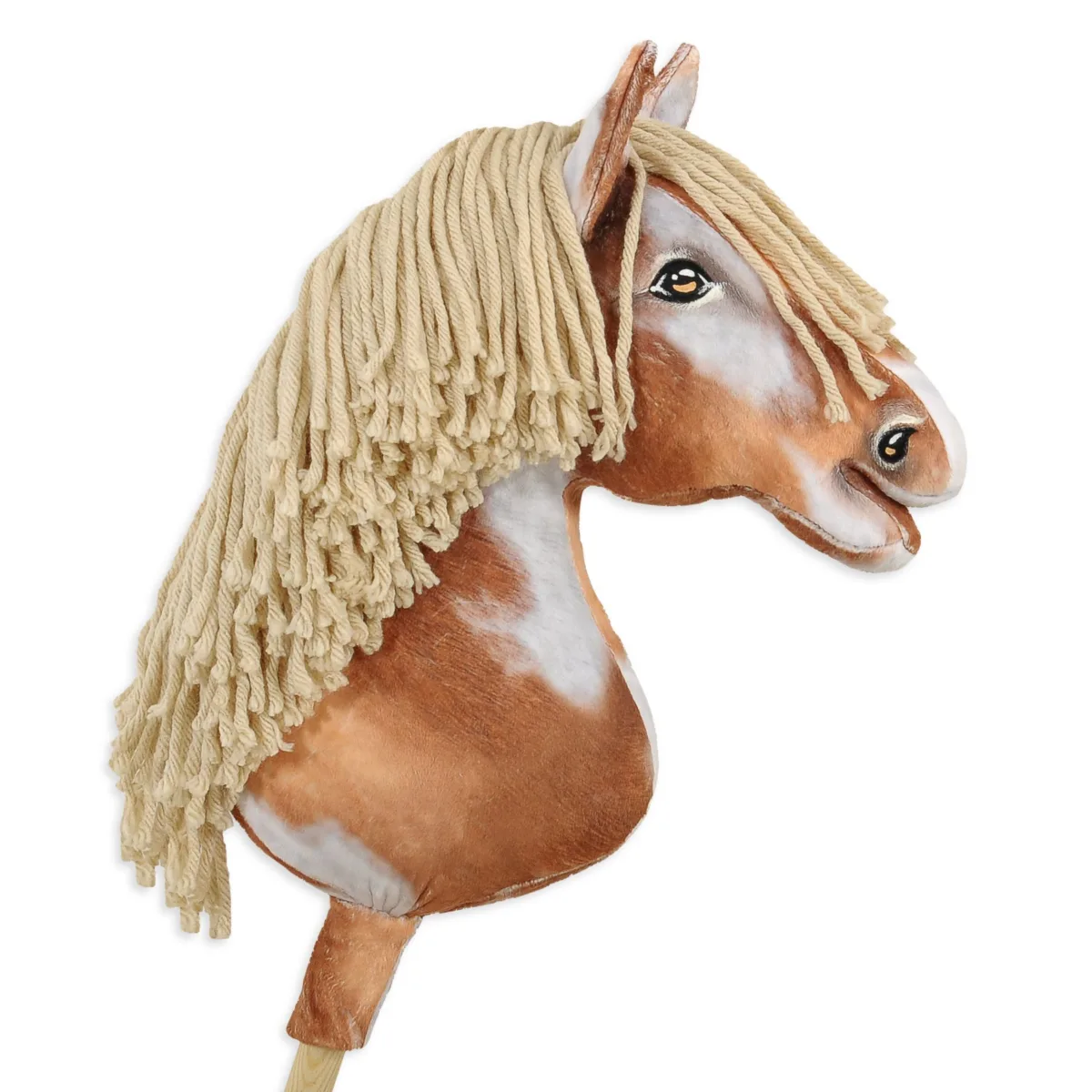 Žirgas ant lazdos „Super Hobby Horse Premium“, margas tobiano bėras žirgas su smėlio spalvos karčiais A3