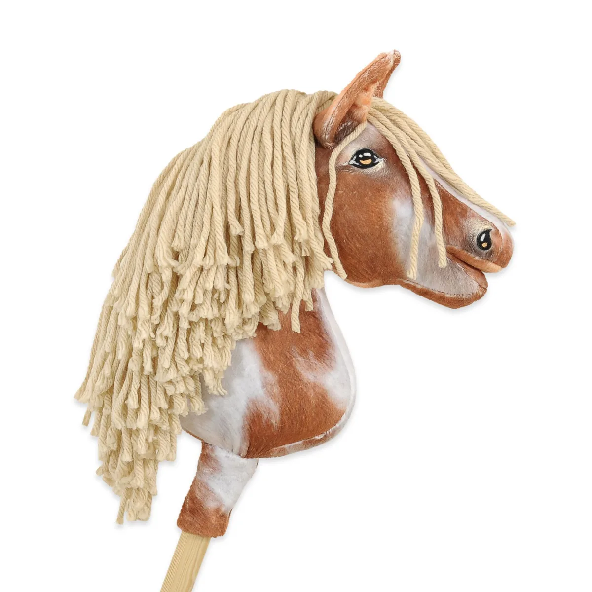 Žirgas ant lazdos „Super Hobby Horse Premium“, margas tobiano bėras žirgas su smėlio spalvos karčiais A4