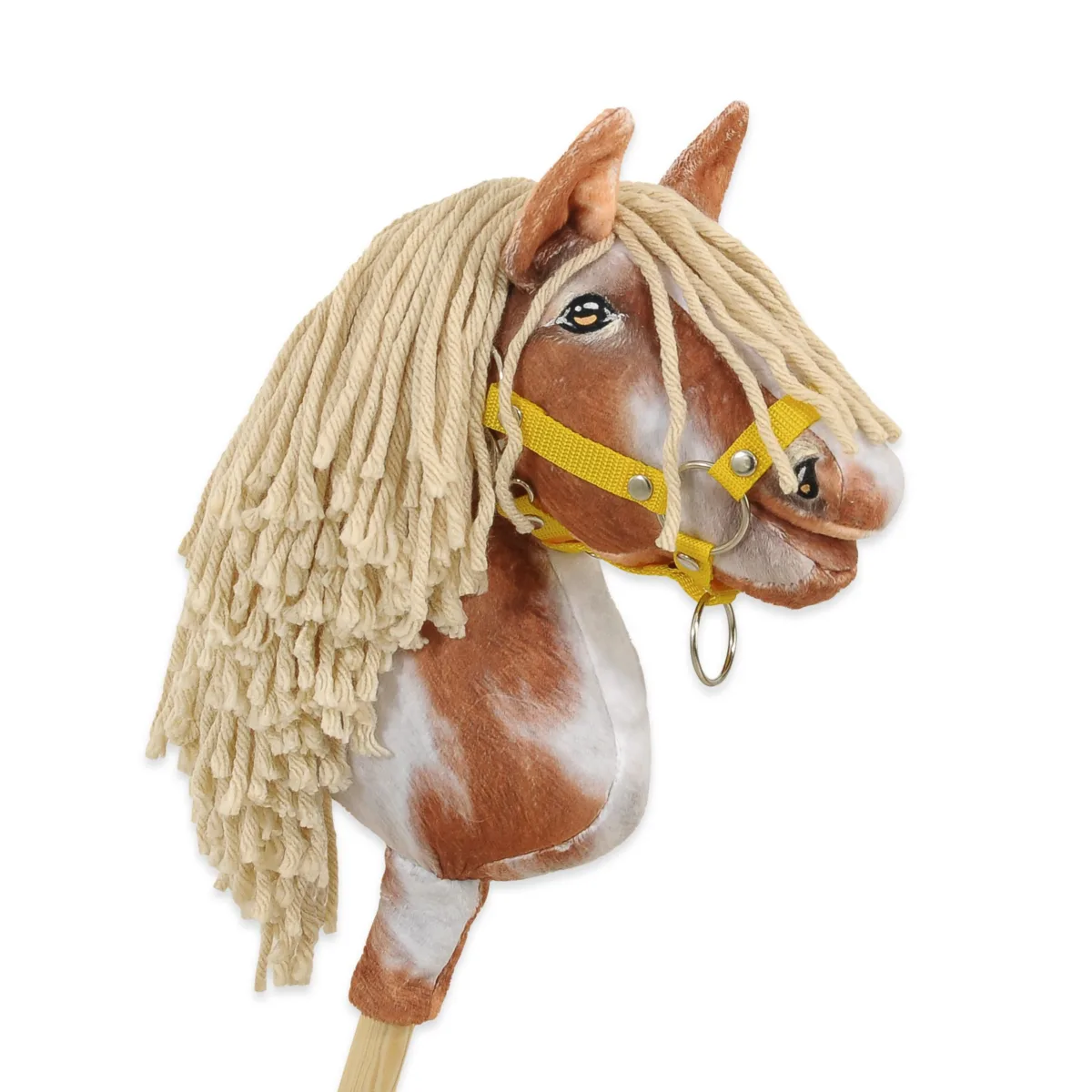 Žirgas ant lazdos „Super Hobby Horse Premium“, margas tobiano bėras žirgas su smėlio spalvos karčiais A4