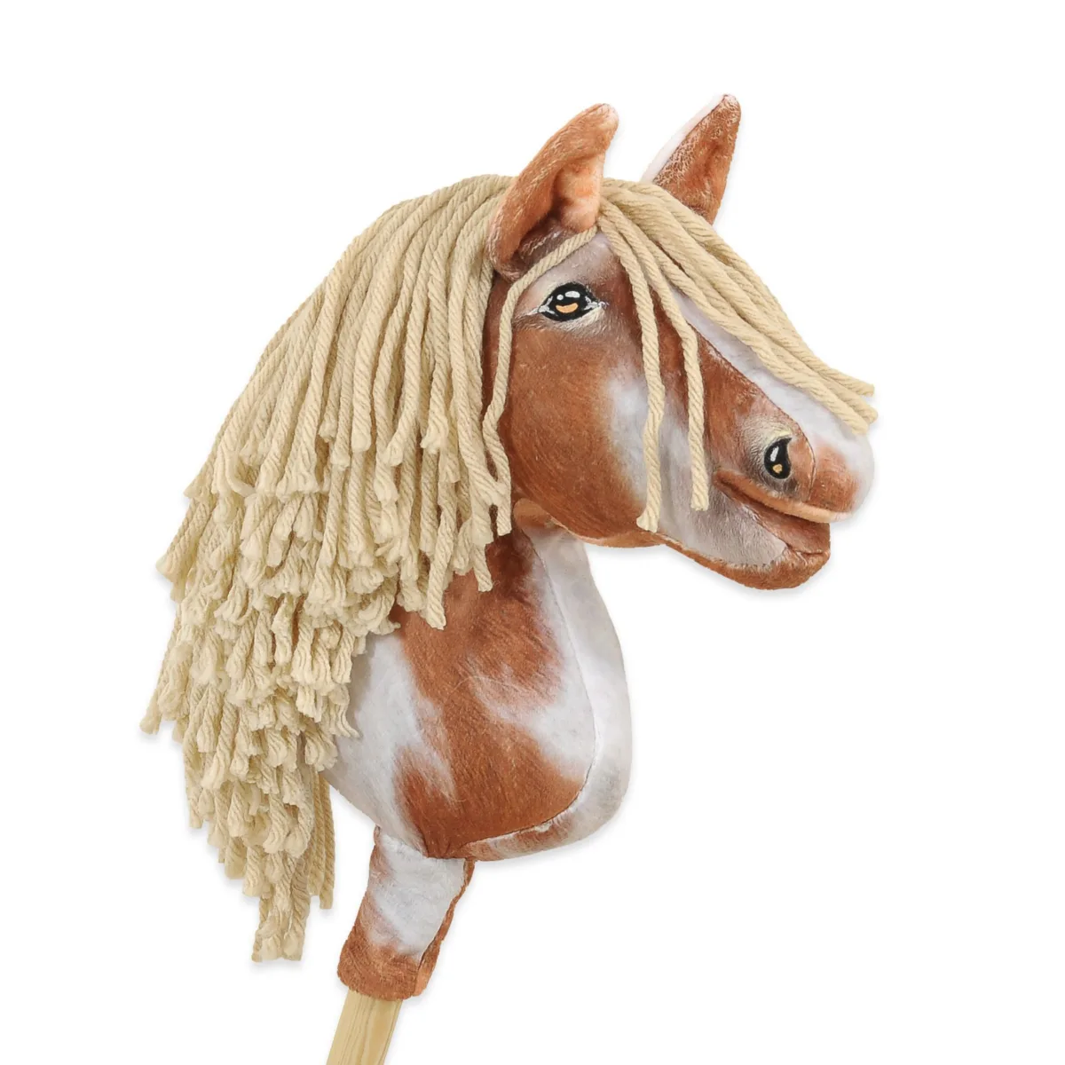 Žirgas ant lazdos „Super Hobby Horse Premium“, margas tobiano bėras žirgas su smėlio spalvos karčiais A4