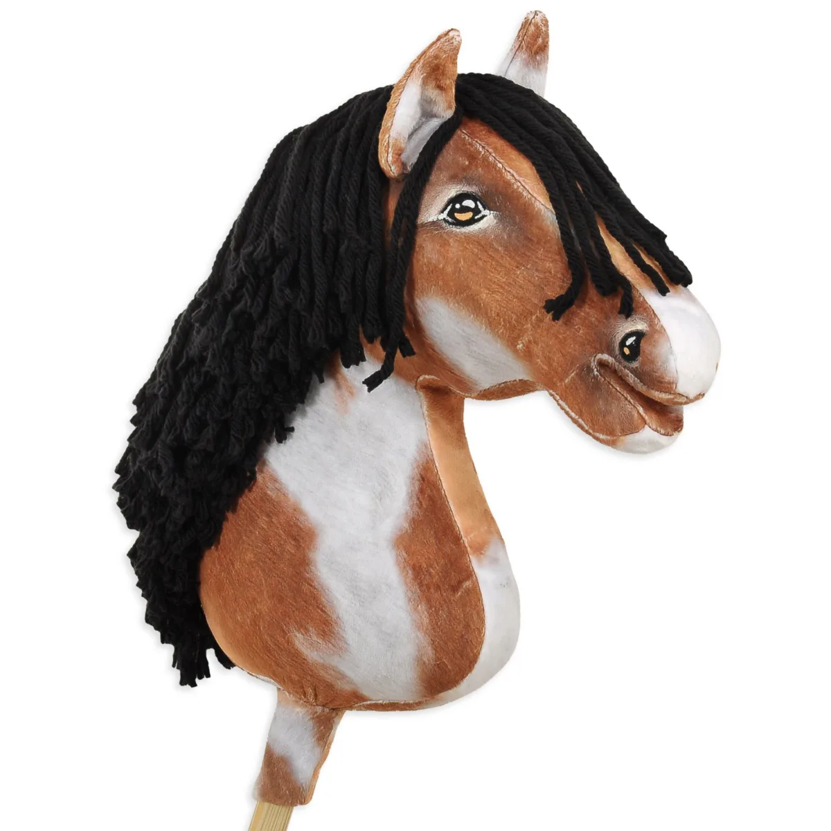 Žirgas ant lazdos „Super Hobby Horse Premium“, margas tobiano bėras žirgas su juodais karčiais A3