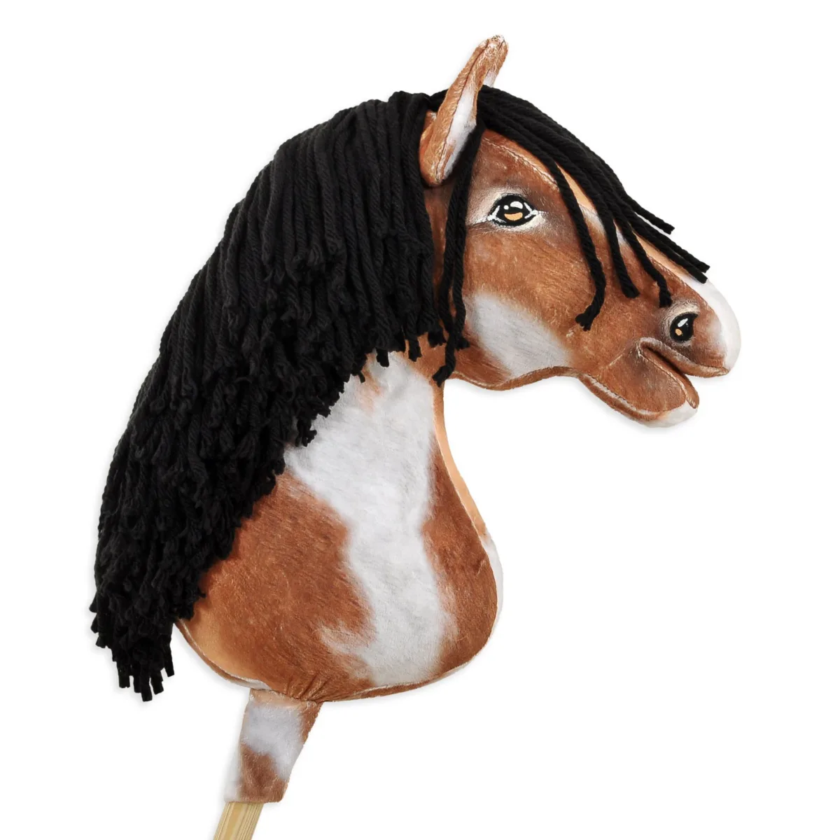 Žirgas ant lazdos „Super Hobby Horse Premium“, margas tobiano bėras žirgas su juodais karčiais A3