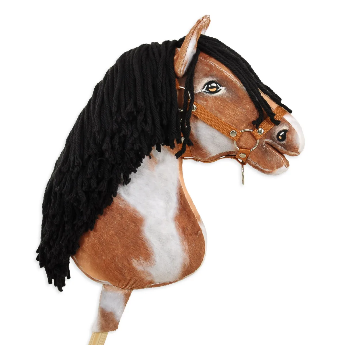Žirgas ant lazdos „Super Hobby Horse Premium“, margas tobiano bėras žirgas su juodais karčiais A3